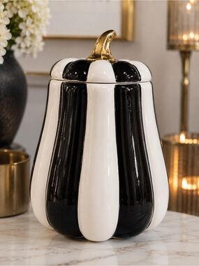 Striped Black & White Pumpkin Jar with Gold Stem